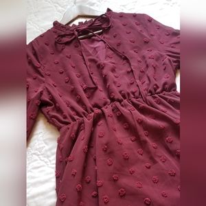 SHEIN Maroon Peasant Sleeve Polka dot Dress